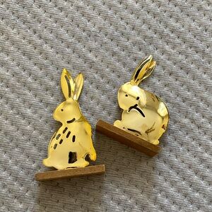 🐰🐇 Set of two mini gold bunnies Easter decor wooden base